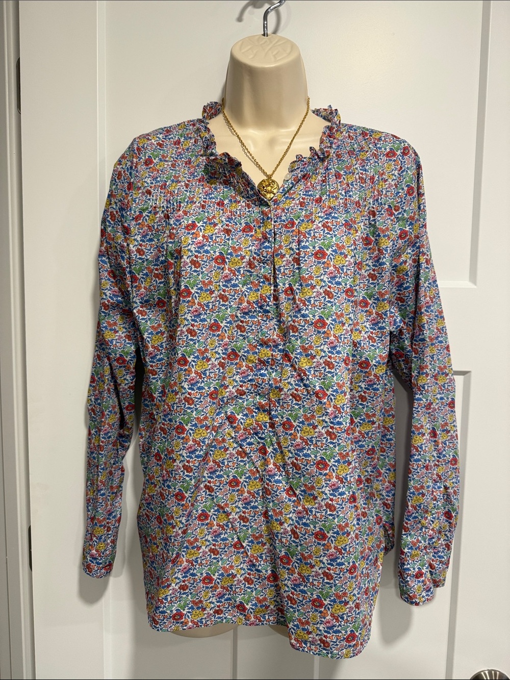 J.Crew Floral Blouse 100% Cotton Ruffle Neck Long Sleeve Multicolor